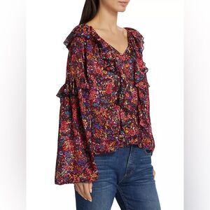 NEW Ramy Brook Women's Red Lana Floral Ruffled Top Size M